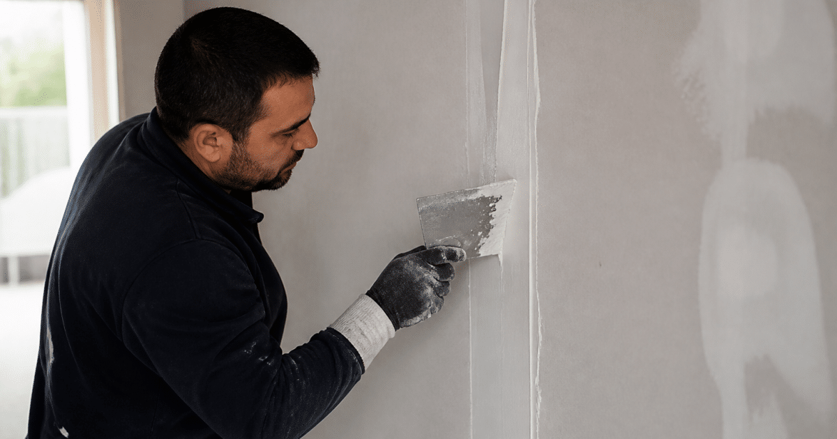 Ouvrier appliquant composé blanc sur joint mural vertical avec couteau large