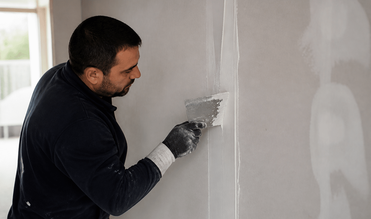 Ouvrier appliquant composé blanc sur joint mural vertical avec couteau large
