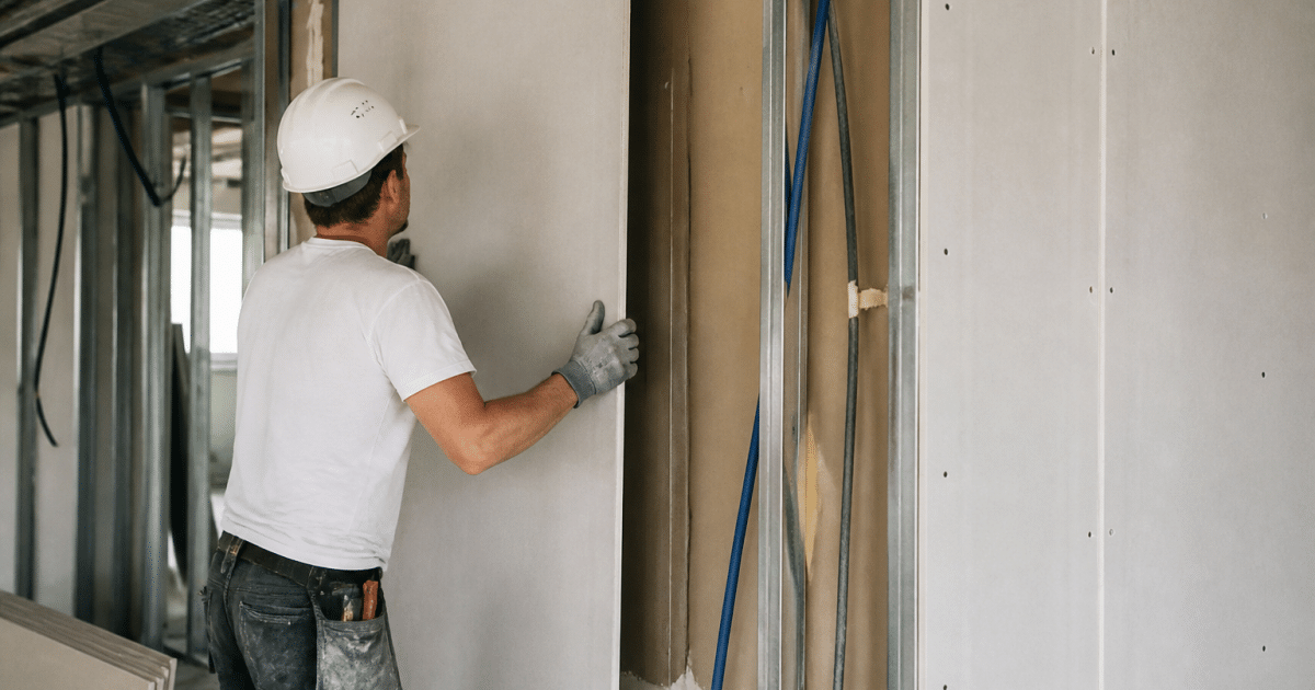 Ouvrier fixant plaques de placo verticales contre structure metallique