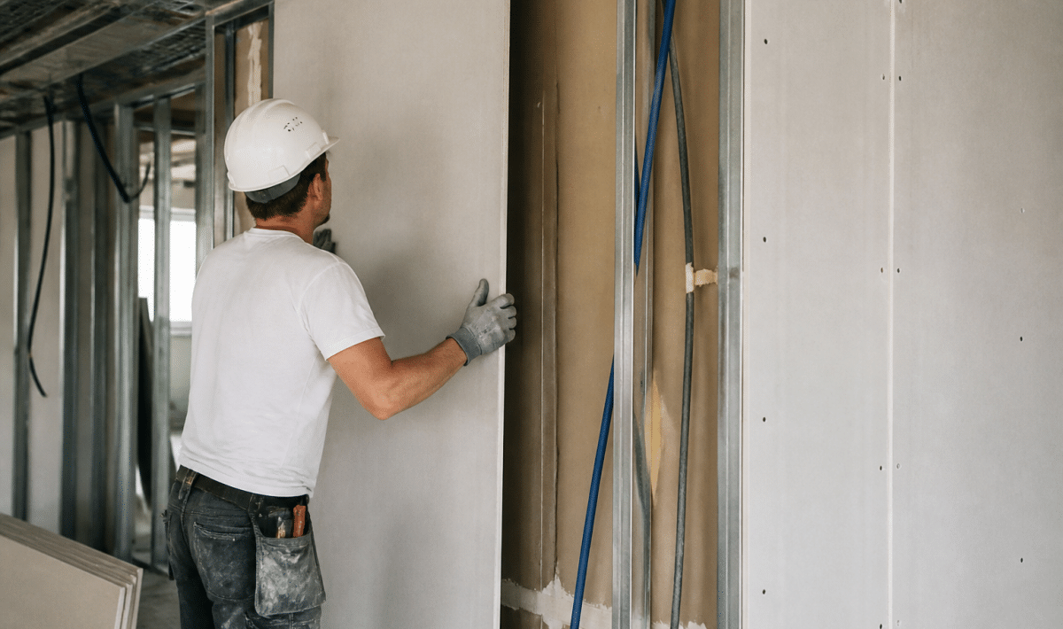 Ouvrier fixant plaques de placo verticales contre structure metallique