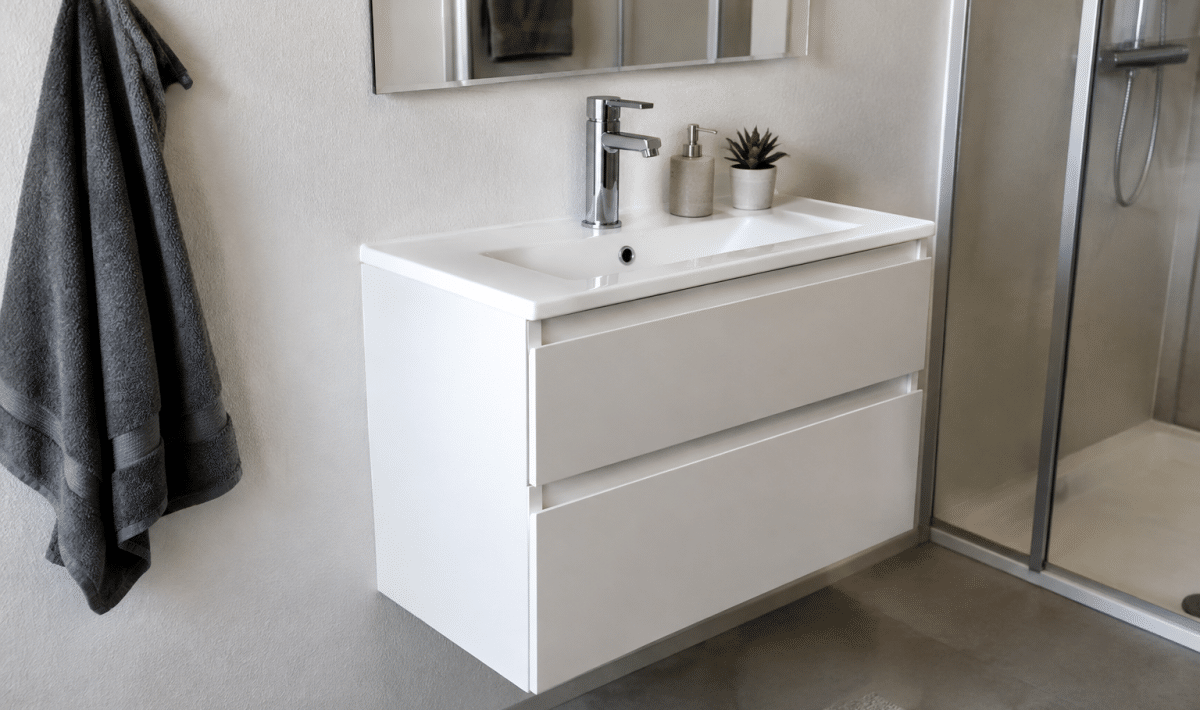Meuble salle bain blanc fixe mur plâtre chevilles