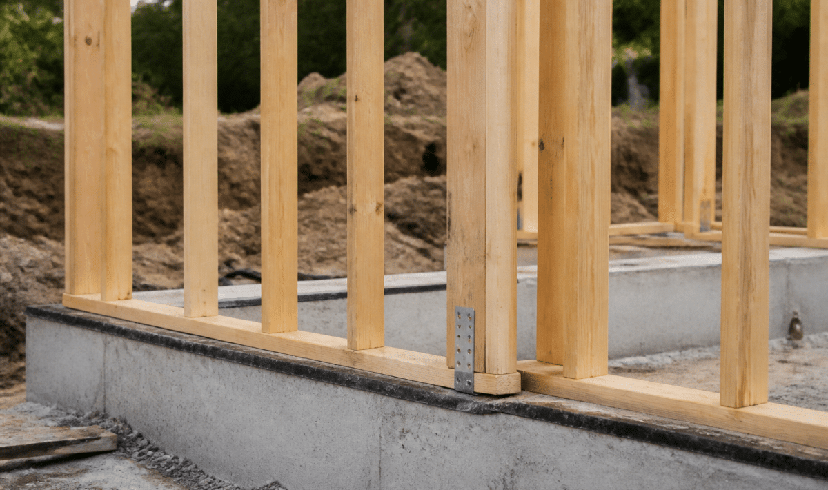 charpente bois verticale assemblée sur fondations en construction