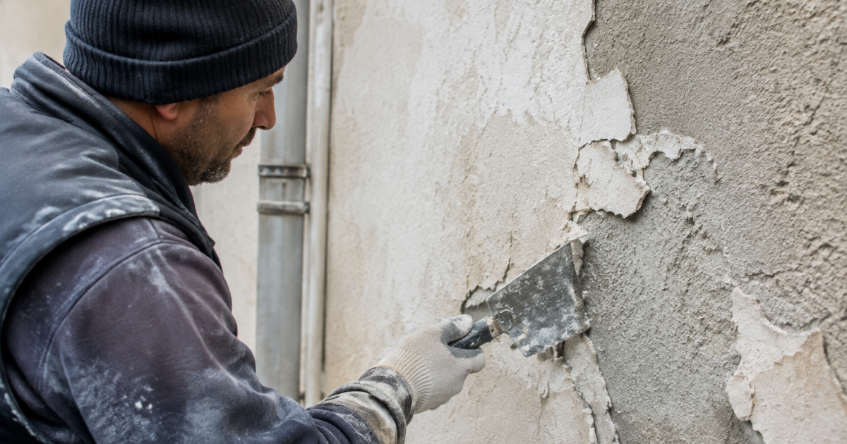 Ouvrier gratte crepi qui se detache