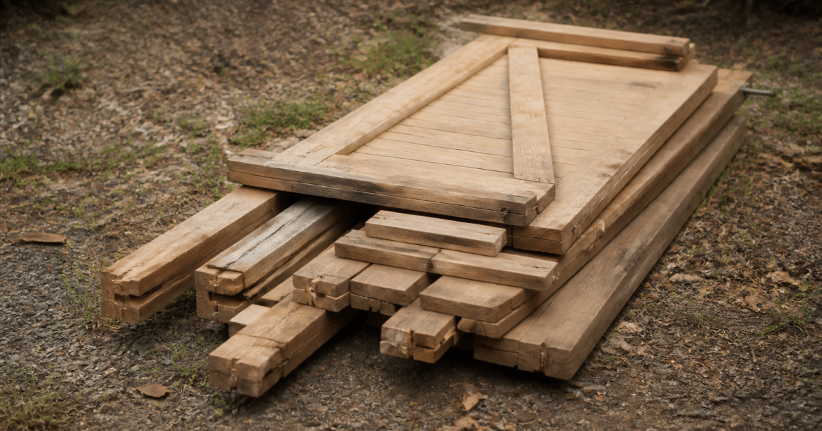Composants de portail en bois empiles sur sol