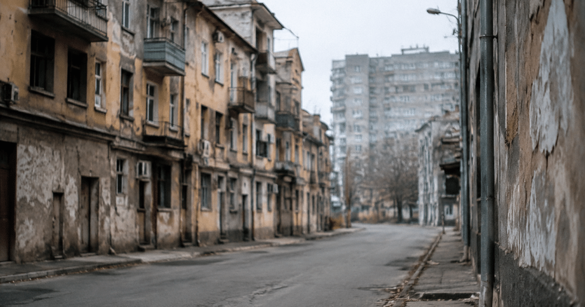 Rues desertes de ville avec immeubles delabres en arriere-plan