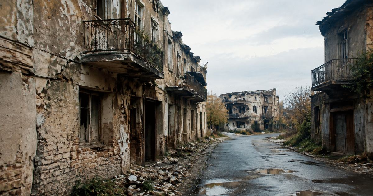 Rue urbaine degradee avec immeubles delabres et abandonne
