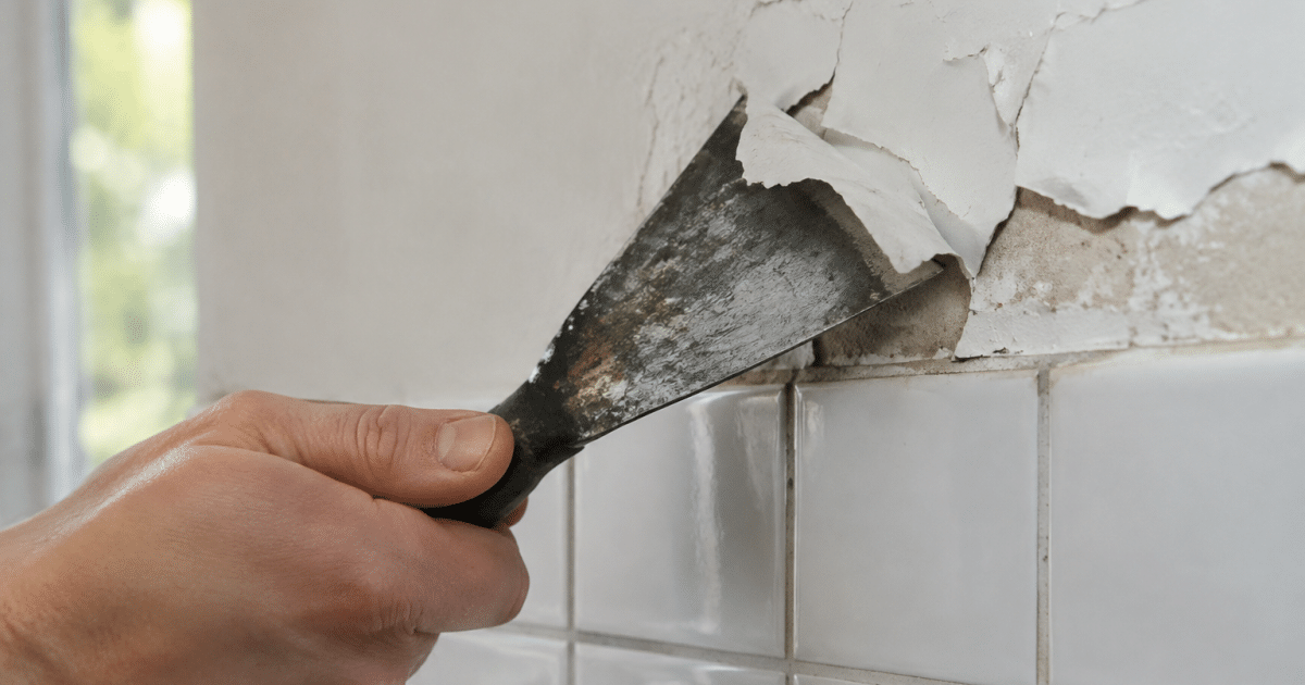 Racloir metallique soulevant peinture blanche carrelage mur vertical