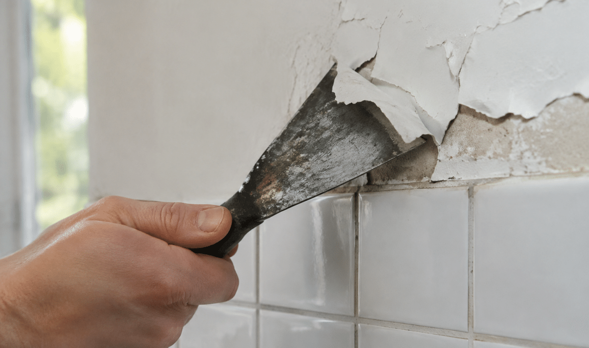 Racloir metallique soulevant peinture blanche carrelage mur vertical