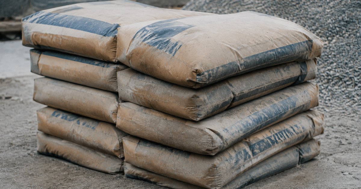 Sacs de ciment empiles horizontalement sur sol gris