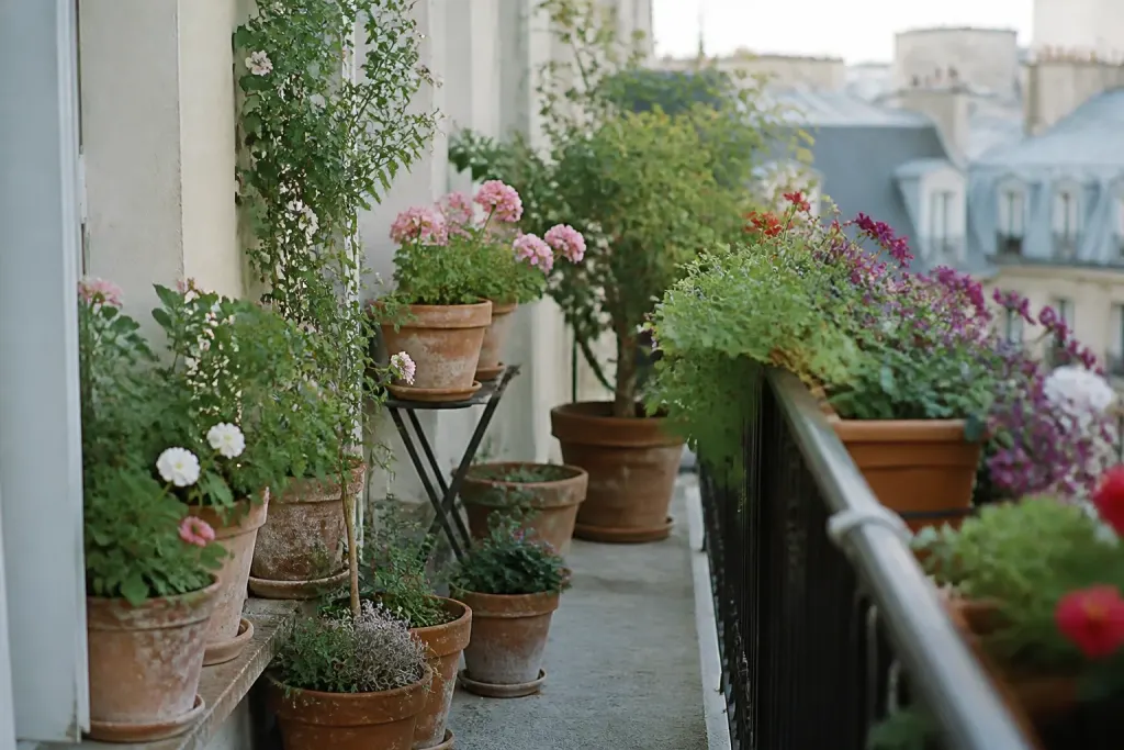 Balcon fleuri avec pots en terre cuite au sol