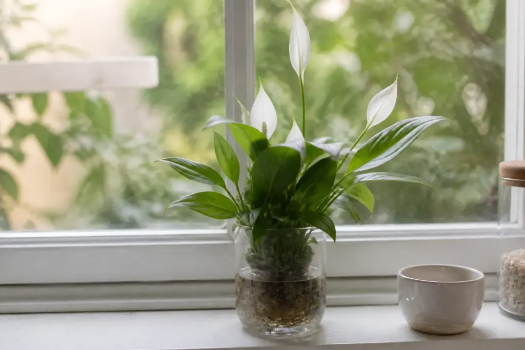 Fleurs blanches en pot transparent sur rebord de fenetre
