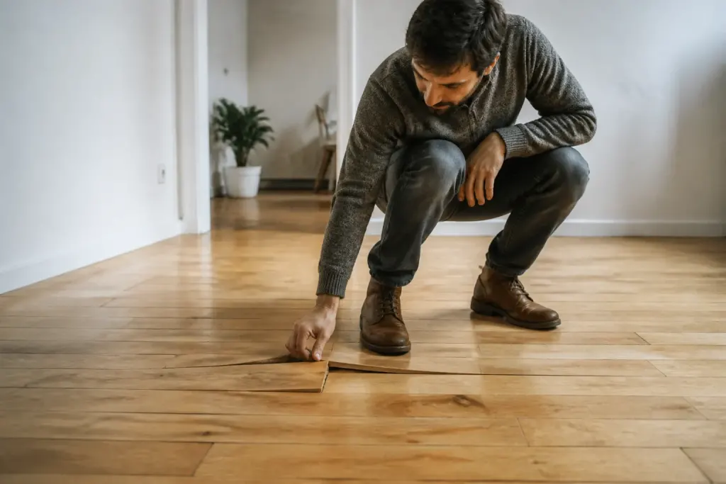 Personne examinant parquet defectueux avec lames soulevees