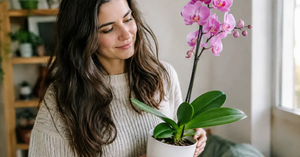 Main tenant un pot blanc avec une orchidee rose