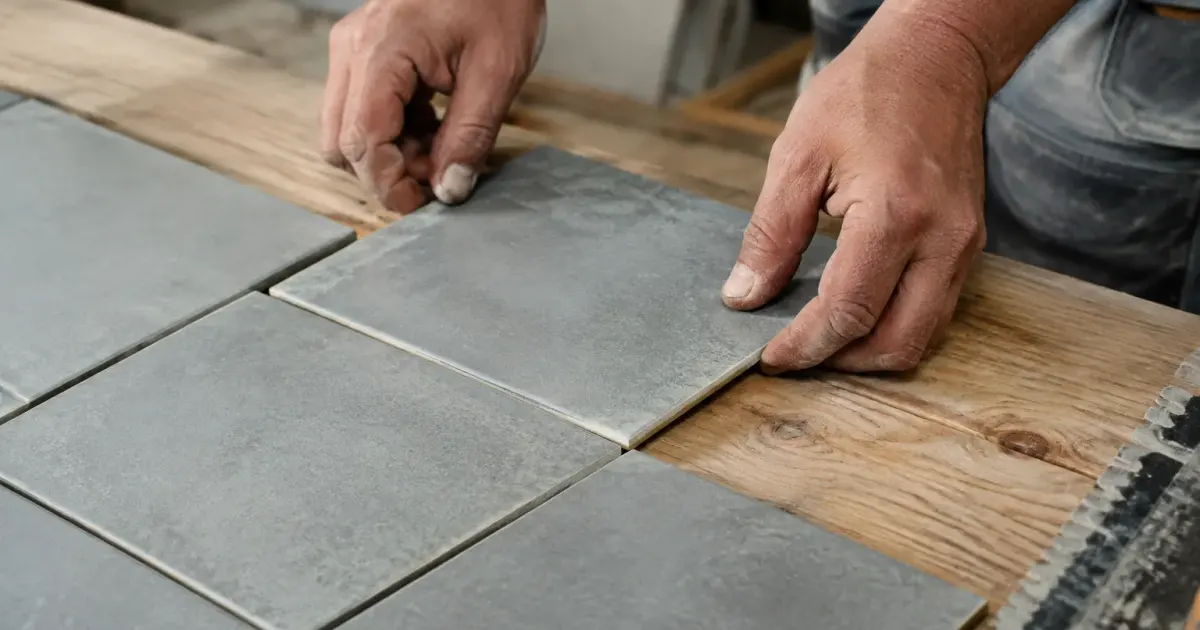 Mains posant carreaux gris sur planche bois