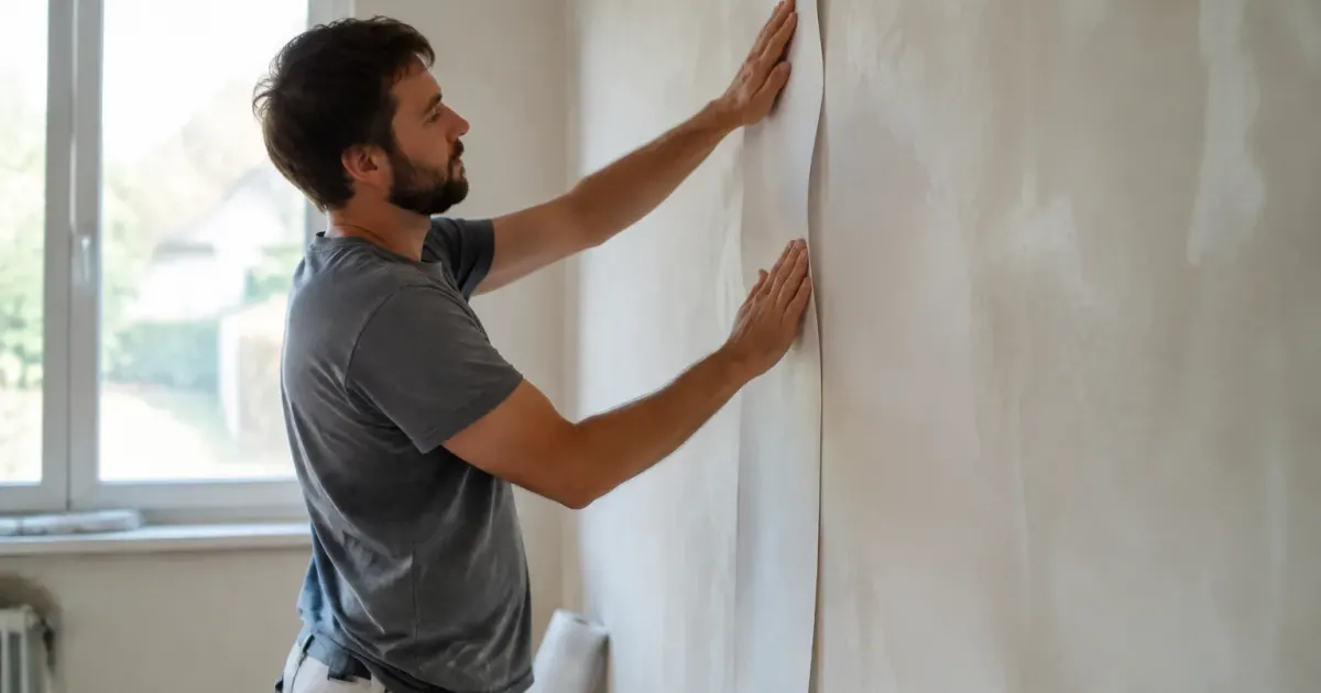 Ouvrier debout lissant une bande blanche contre un mur