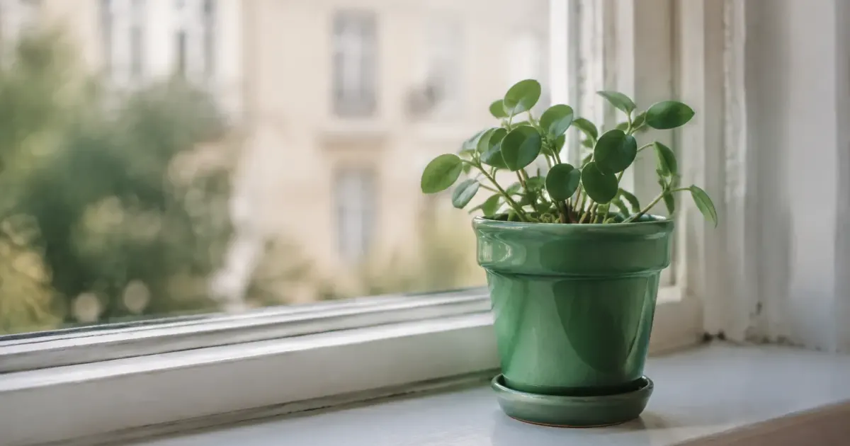 Petit pot vert sur rebord de fenetre lumineuse