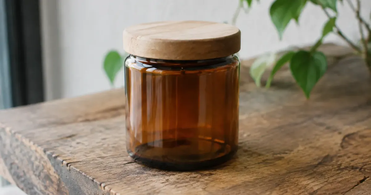 Pot en verre ambre posé sur planche brute