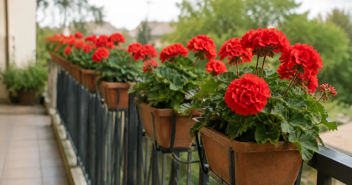 Pots de geraniums rouges alignes sur la rambarde
