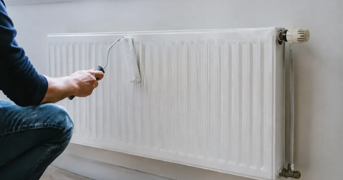 Un radiateur blanc peint au rouleau fixe au mur
