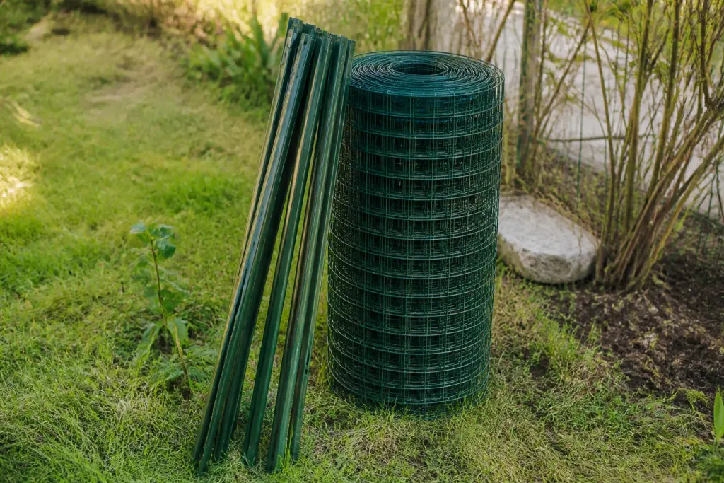 Rouleau de grillage et piquets metalliques au jardin