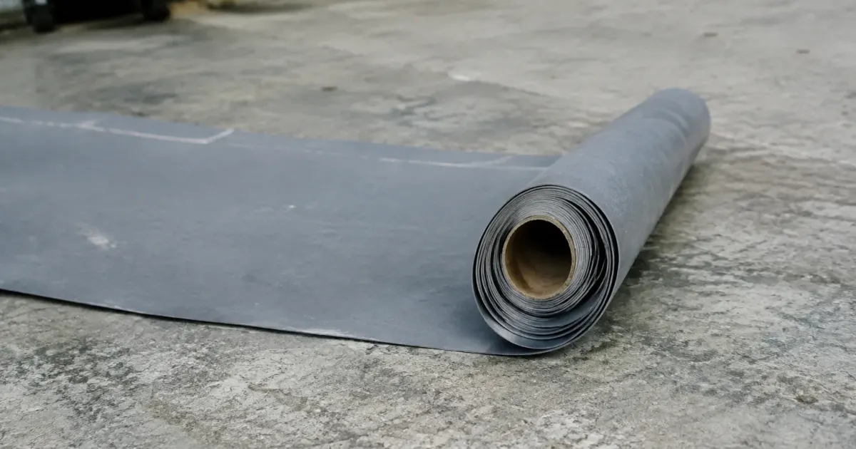 Rouleau gris deroule sur dalle beton brut