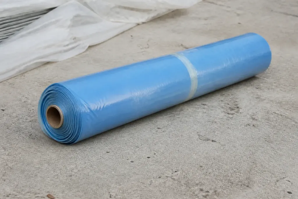 Rouleau de sous-couche bleue pose sur dalle beton