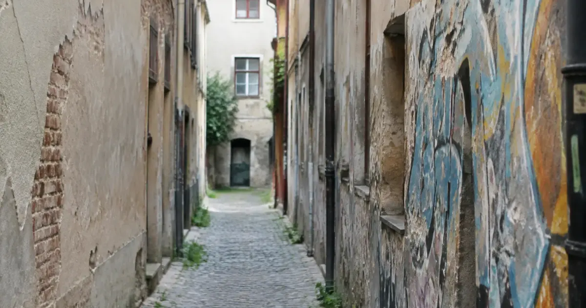Rue etroite avec facades delabrees et graffitis sur murs