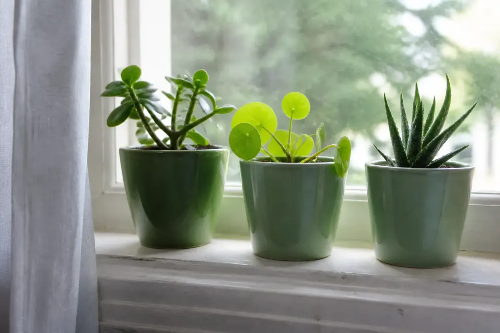 Trois pots verts sur un rebord de fenetre lumineux