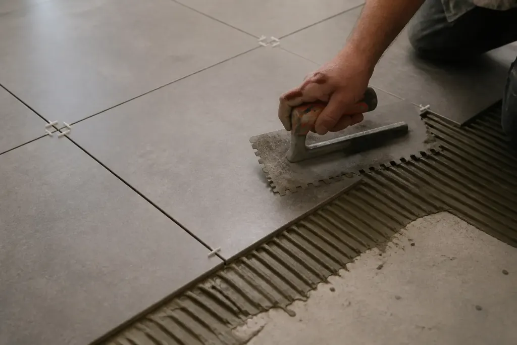 Tuiles grises espacees adhesif blanc spatule crantee